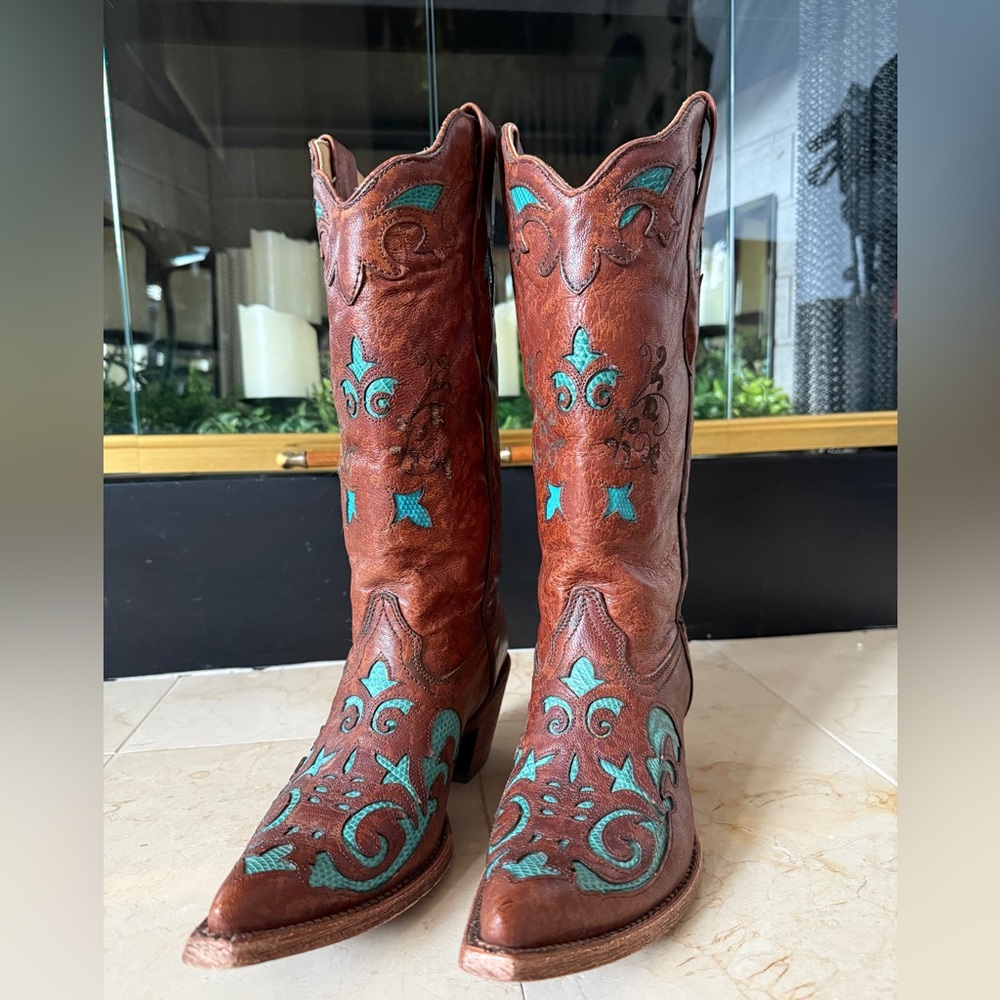 CORRAL Heritage Line distressed chestnut & turquoise lizard textured boots Sz 7B